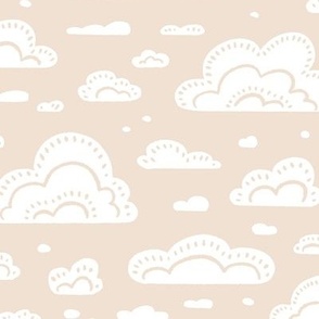 After the Rain Scattered Fluffy Cloud Pattern - Neutral Almond Beige and White - Medium Scale - Cute Block Print Style Design for Kids, Nursery, and Nature Decor
