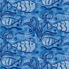 Ocean-Woodcut and Watercolor Texture-Blue