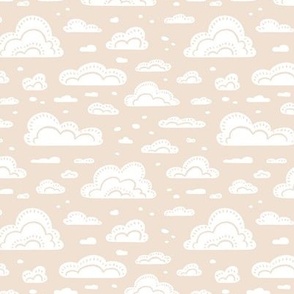 After the Rain Scattered Fluffy Cloud Pattern - Neutral Almond Beige and White - Small Scale - Cute Block Print Style Design for Kids, Nursery, and Nature Decor