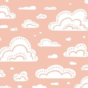 After the Rain Scattered Fluffy Cloud Pattern - Rose Pink and White - Medium Scale - Cute Block Print Style Design for Kids, Nursery, and Nature Decor