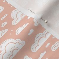 After the Rain Scattered Fluffy Cloud Pattern - Rose Pink and White - Small Scale - Cute Block Print Style Design for Kids, Nursery, and Nature Decor