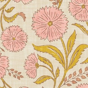 Indian Floral Block Print - Eggshell, Pink, Gold - XL - (Spice Blossom)