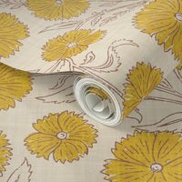 Indian Floral Block Print - Eggshell, Gold - XL - (Spice Blossom)