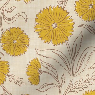 Indian Floral Block Print - Eggshell, Gold - XL - (Spice Blossom)