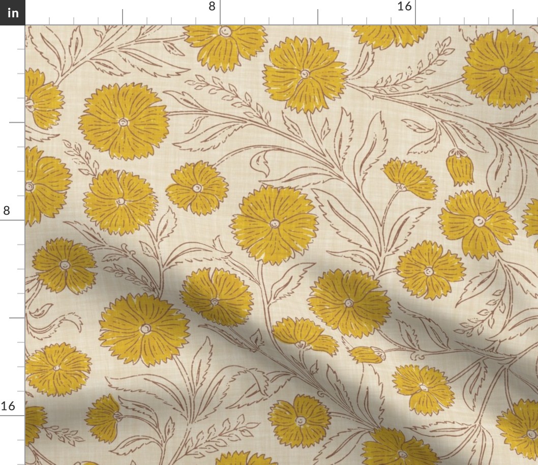 Indian Floral Block Print - Eggshell, Gold - XL - (Spice Blossom)