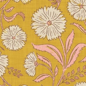Indian Floral Block Print - Eggshell, Pink, Gold - XL - (Spice Blossom)