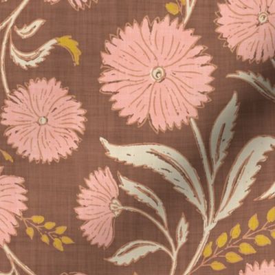Indian Floral Block Print - Russet Brow, Pink - XL - (Spice Blossom)