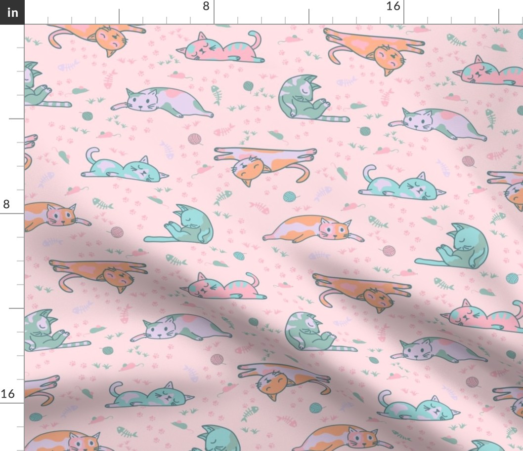 Cats resting and taking a nap in pinky pastel colors - Small scale