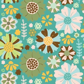 Bohemian Stylized Floral - Modern Folk Art - Vibrant Bold Colors - Turquoise Background - Yellow, Pink, Blue, Brown - Large Scale