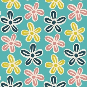 Bohemian Stylized Floral - Modern Folk Art - Vibrant Bold Colors - Turquoise Background - Yellow, Navy, Pink - Small Scale