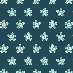 Small Scale Stylized Floral - Modern Folk Art - Turquoise Flowers with Ivory Outline - Navy Background - Coordinated Print