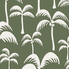 LARGE MODERN TROPICAL PALM TREES-MUTED ARTICHOKE GREEN AND IVORY WHITE