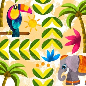 Maximalist Aesthetic Jungle Toucan Elephant Palm Tree Thailand India Pattern 