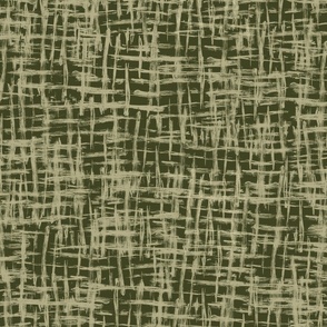 Textured tonal basket weaving-inspired paintbrush strokes all-over abstract in gold yellow on dark olive green