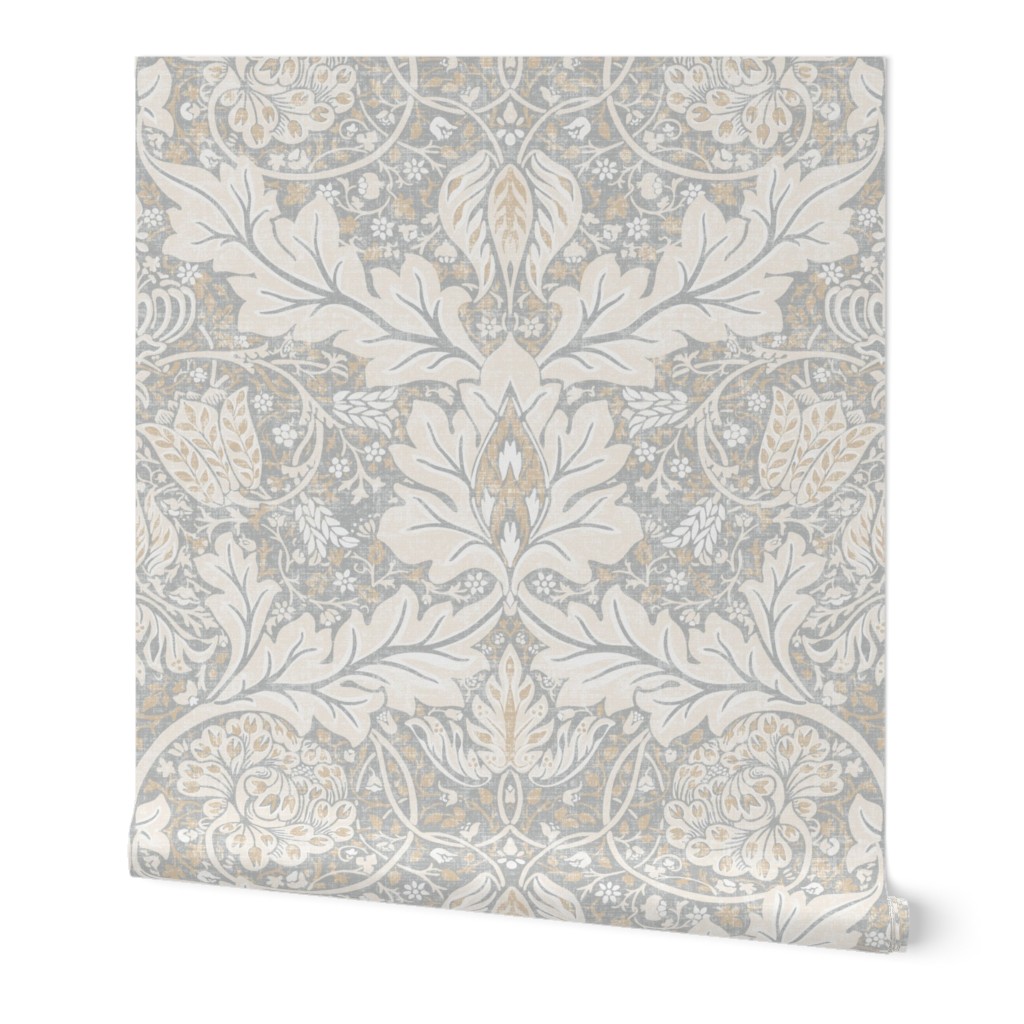 William Morris Style Botanical floral Wallpaper - White Grey Beige Flower