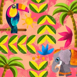 Pink Maximalist Aesthetic Jungle Toucan Elephant Palm Tree Thailand India Pattern 
