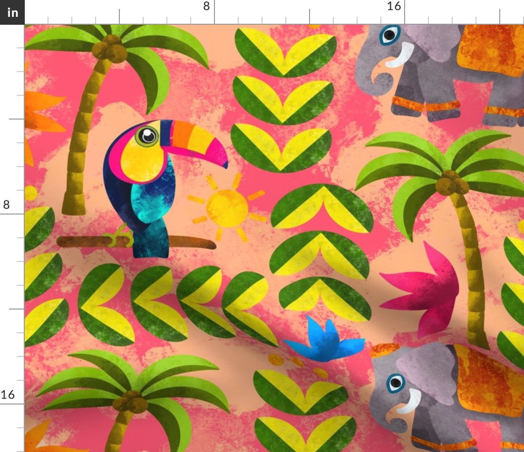 Pink Maximalist Aesthetic Jungle Toucan Elephant Palm Tree Thailand India Pattern 