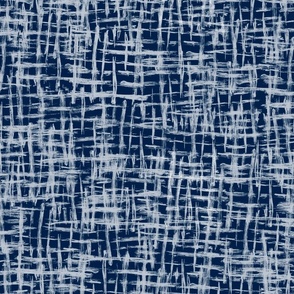 Textured tonal basket weaving-inspired paintbrush strokes all-over abstract in white on dark blue