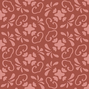 Simple Floral Scroll - Medium Scale - Peachy Coral Red Damask - Coordinate pattern