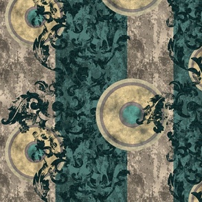 Distressed Baroque Medallion/Ornamental Damask Stripe- Large Teal