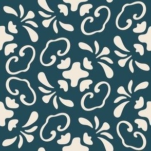 Simple Floral Scroll - Small Scale - Navy and Ivory Damask - Coordinate pattern Block Print