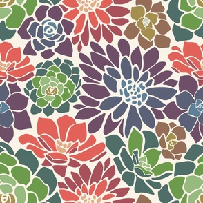 Block Print Succulent Flower Bed - Multi-colored Green, Purple, Red - Ivory Background - Large Scale
