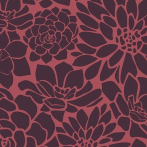Block Print Succulent Flower Bed - Purple succulents in a red Background - Large Scale