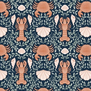 Lobster, crabs, and shells on navy background 