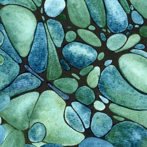 Tranquil River Rocks: Handpainted Watercolor Neurographic Art | Blue and Green | Large Scale