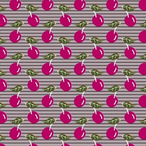 C006 - large scale hot pink and olive green sweet summertime cherries, for kitchen wallpaper, table linen and tea towels