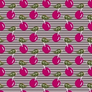 C006  - Small scale hot pink sweet cherries on textured background for kitchen wallpaper, table linen and tea towels