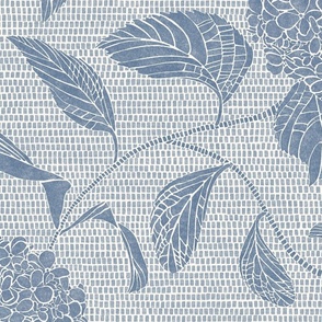 Indigo blue and white trailing floral hydrangea in a drawn texture