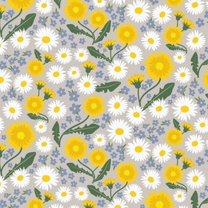 May blooms: spring pattern adorned by daisies, dandelions and forget-me-nots beige M