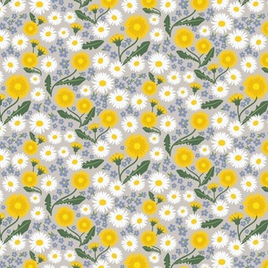 May blooms: spring pattern adorned by daisies, dandelions and forget-me-nots beige S