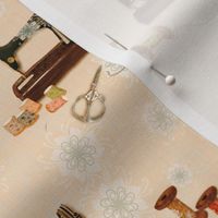 6”  grid repeat antique, heritage vintage sewing machine, scissors, cotton reel spools with faux burlap woven texture on linen