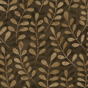 Textural Leafy layers and climbing sprigs  in warm chocolate brown and neutrals