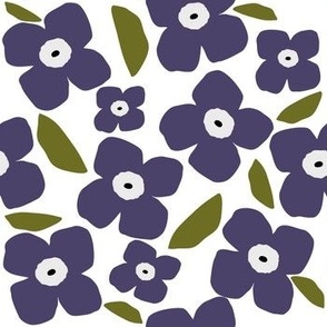 Purple flowers with olive green leaves on white