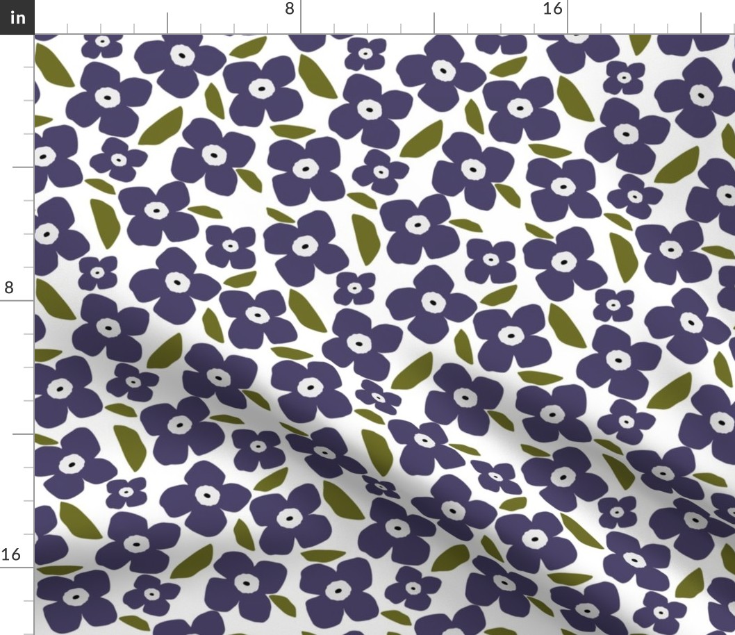 Purple flowers with olive green leaves on white