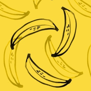 Bananas Yellow Brown and black outline in ink on yellow plain background
