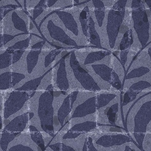 Trailing leaves over stone pavement - navy blue - large scale