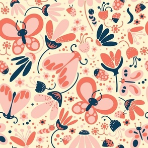 Coral Pink Navy Butterflies and Flowers on Cream Kids Decor