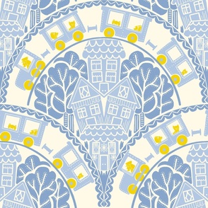 ART DECO EXPRESS | 24" | Steel and Dusty Blue Train with Yellow accents Adventure - with cats and dogs, perfect for Little Explorers' bedding and wallpaper - all in a classic art deco scallops pattern.