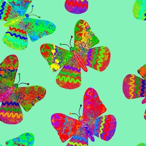 Cute Colorful Butterflies on Light Green - Large Scale / Multicolor Butterflies 