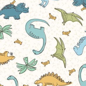 Fun Tossed Dinosaurs for Kids Blue, Green and Teal on a White Background for Girls Large Scale