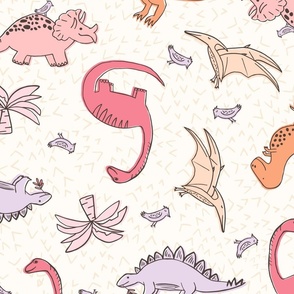 Fun Tossed Dinosaurs for Kids Pink, Purple and Orange on a White Background for Girls Large Scale