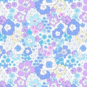 Flower garden, candy pastel shades, lilac, pink, duck egg blue retro floral, small scale