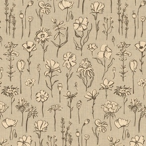 wild meadow, hand drawn floral pattern in neutral beige greige, modern rustic design with wildflowers flowers and weeds grasses with rugged grungy linen texture and vintage flare 