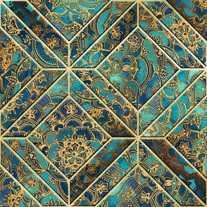 Boho Blues, Gold and Grunge Geometric Mandala Tiles