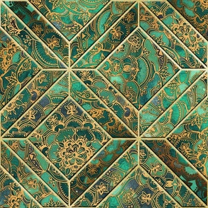 Gold, Green and Grunge Boho Mandala Geometric Textured Tiles