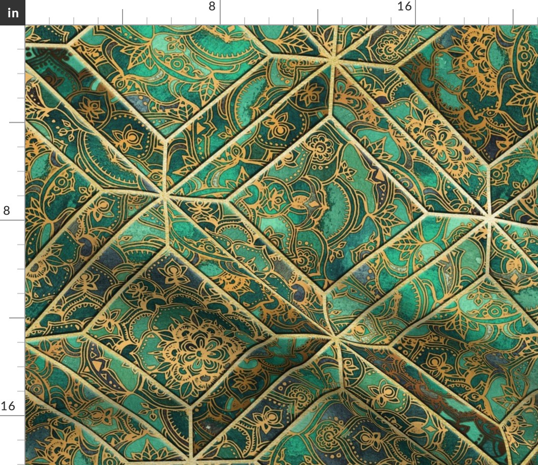 Gold, Green and Grunge Boho Mandala Geometric Textured Tiles